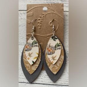 Fall Pumpkin Leather Earrings Gray and Yellow
